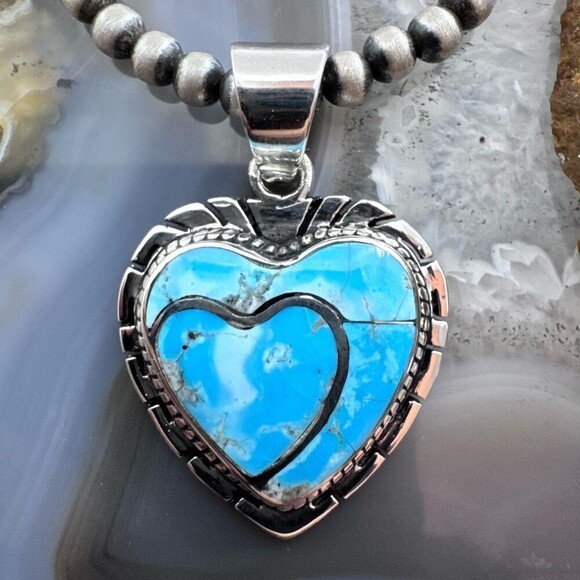 Native American Sterling Blue Ridge Turquoise Decorated Double Heart Pendant #1 - Picture 1 of 10